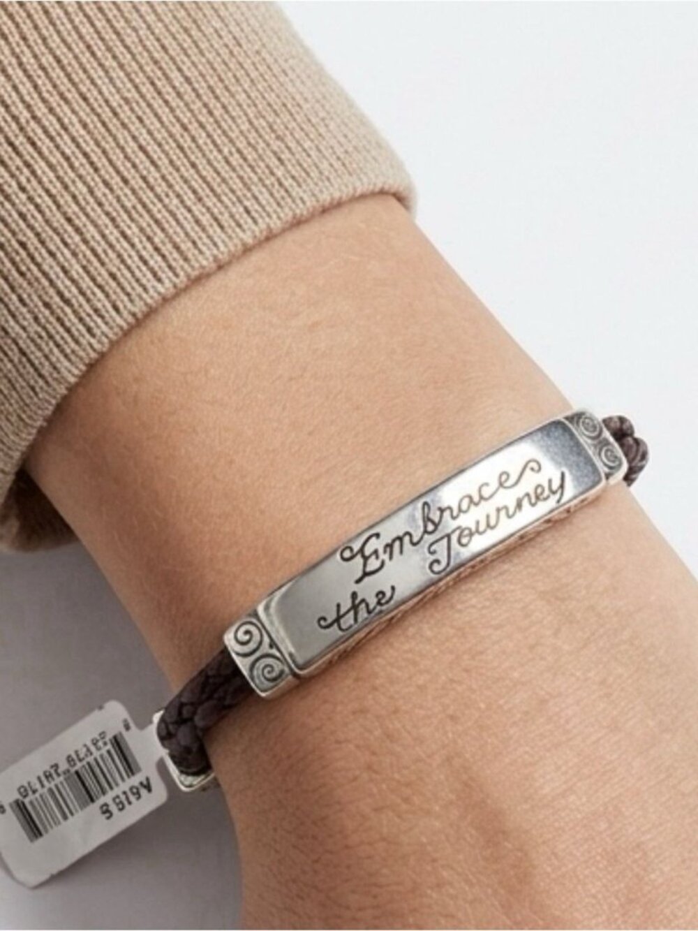 BRIGHTON "Embrace the Journey" Etched Script Bracelet Silver Tone, Brown Leather